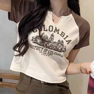 พร้อมส่ง เสื้อครอปเเขนสั้นคอกลม