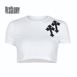 Vesglory เสื้อครอปท็อป คอกลม แขนสั้น พิมพ์ลาย สีพื้น ทรงสลิมฟิต แฟชั่นสําหรับผู้หญิง 2023