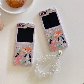 เคสโทรศัพท์มือถือแบบนิ่ม กันกระแทก ลายสุนัขน่ารัก พร้อมสายโซ่คล้อง สไตล์เกาหลี สําหรับ Samsung Galaxy Z Flip5 5G Z Flip4 Z Flip 3