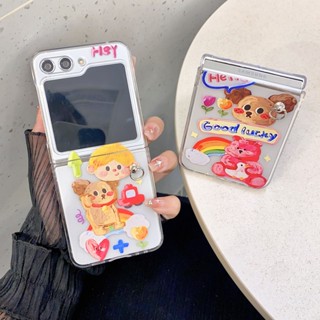 เคสโทรศัพท์มือถือแบบแข็ง ใส กันกระแทก ลายกราฟฟิตี้หมี เด็กผู้ชาย พร้อมสายคล้องมือ สําหรับ Samsung Galaxy Z Flip 5 4 3 2 1 5G Flip2 Flip3 Flip4 Flip5