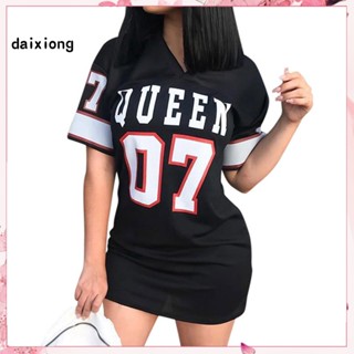 &lt;COD&gt; ชุดมินิเดรส คอวี แขนสั้น พิมพ์ลายตัวอักษร Queen สไตล์สปอร์ต สําหรับผู้หญิง