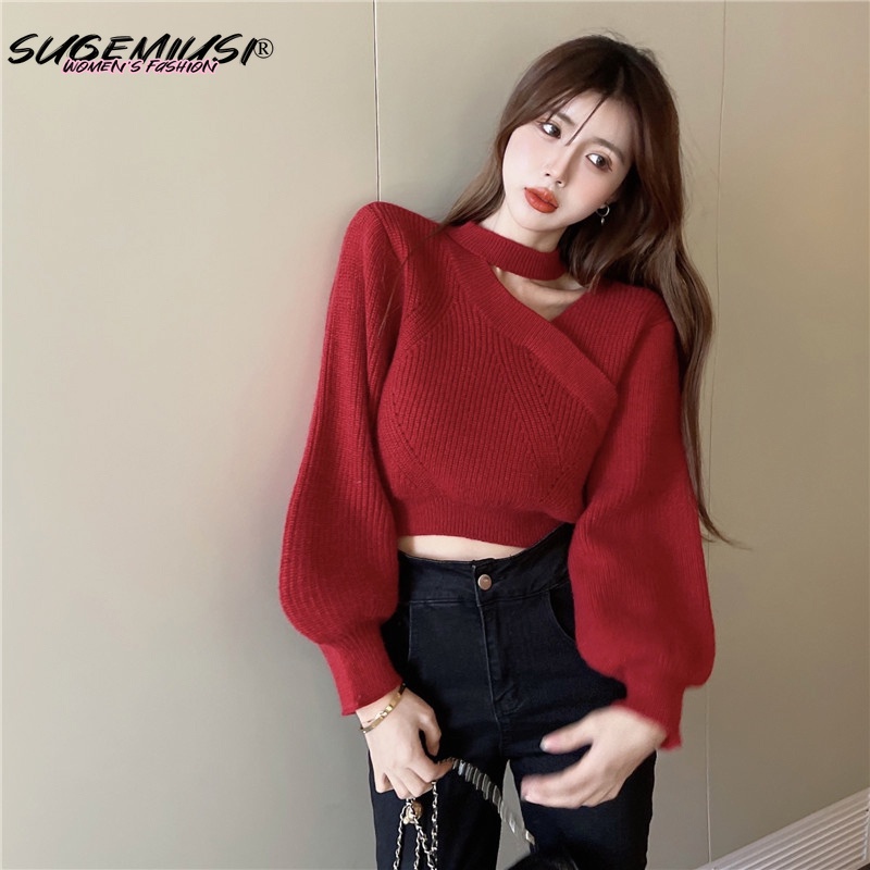 Sugemiusi เสื้อกันหนาว เอวสูง สีแดง แฟชั่นฤดูใบไม้ร่วง ฤดูหนาว สําหรับผู้หญิง