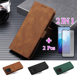 2 IN 1 เคสโทรศัพท์หนัง ฝาพับ พร้อมหน้าจอเซรามิค สองชิ้น สําหรับ VIVO iQOO Z7x