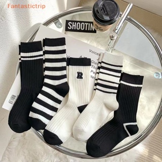 Fantastictrip 1Pair Womens Mid Tube Socks Ins Style Black And White Sweat-absorbing Cotton Socks