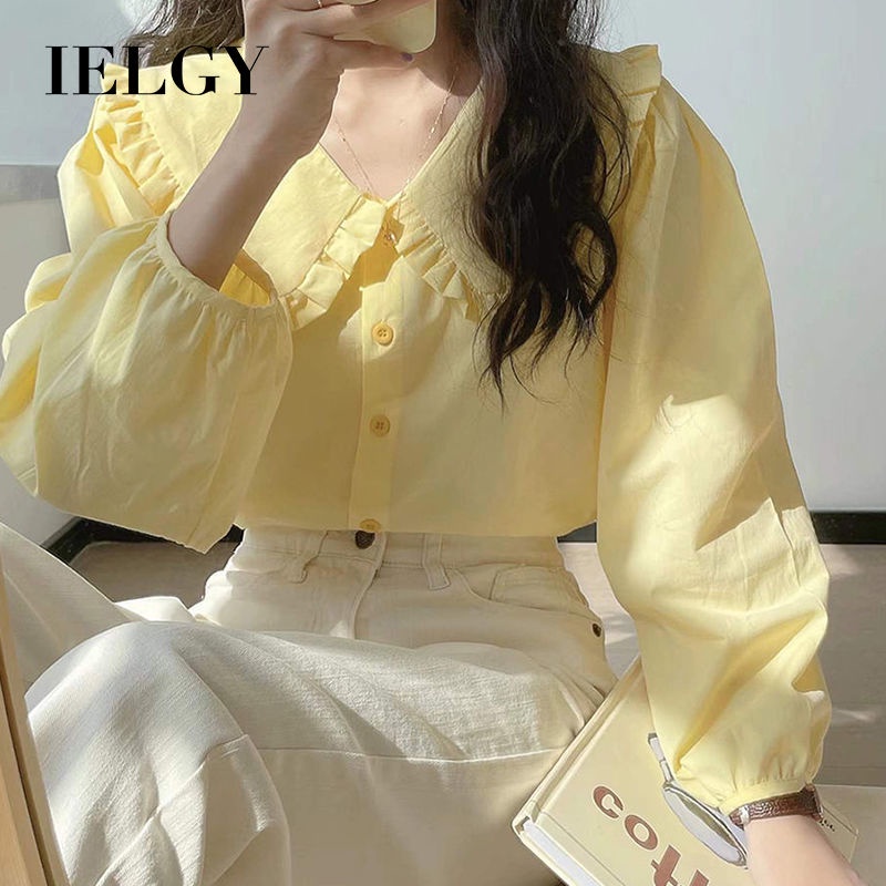 IELGY อิลกี้สีเหลืองเสื้อแขนยาวสไตล์ฝรั่งเศสย้อนยุค ดีไซน์ตุ๊กตาที่กระดุมด้านบน