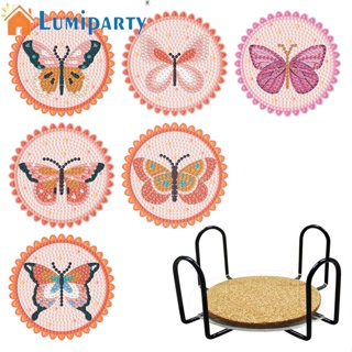 Lumiparty แผ่นรองแก้ว ปักครอสสติตช์คริสตัล รูปผีเสื้อ Diy 6 ชิ้น