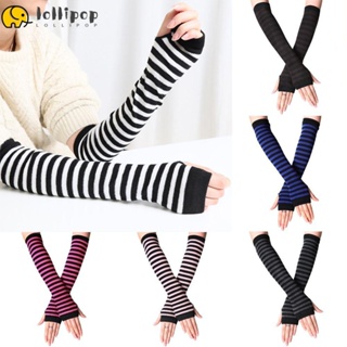 Women Girls Cotton Fingerless Long Gloves Wristband Arm Warmer Long Sleeve Striped Elbow Mitten Knitted Handschoenen