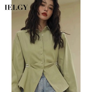 Ielgy เสื้อเชิ้ตแขนยาว จับจีบ สีเขียว แฟชั่นฤดูใบไม้ร่วง สําหรับผู้หญิง