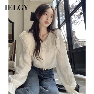 Ielgy เสื้อเชิ้ตแขนยาว คอวี แต่งลูกไม้ ออกแบบดี คอตุ๊กตา สําหรับผู้หญิง