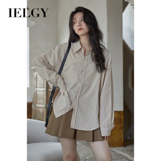 Ielgy เสื้อเชิ้ต ลายทาง มีกระเป๋าเสื้อ ด้านนอก สไตล์ฝรั่งเศส สําหรับผู้หญิง