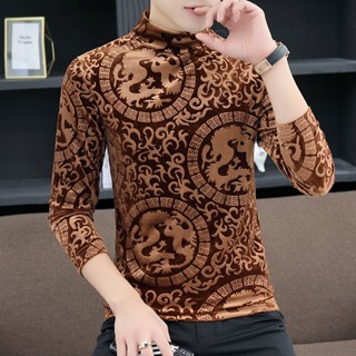 เสื้อยืด คอเต่า ผ้ากํามะหยี่ สีทอง สําหรับผู้ชาย
