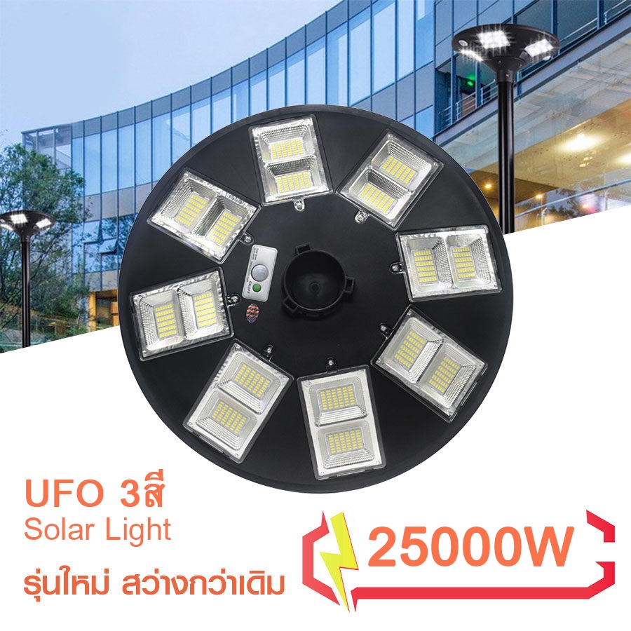 ไฟUFOโซล่าเซลล์ 25000w 3สี โคมไฟถนนLED พลังงานแสงอาทิตย์ โคมไฟโซล่าเซล โคมไฟติดผนัง สินค้าไม่รวมเสา