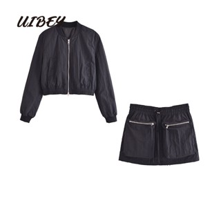 Uibey เสื้อโค้ทแฟชั่น คอปกตั้ง + กระโปรงยาวครึ่งตัว 68167