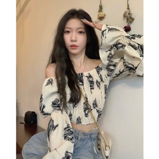 เสื้อเชิ้ตแขนยาว เปิดไหล่ข้างเดียว เข้ารูป สไตล์ฝรั่งเศสย้อนยุค แฟชั่นฤดูใบไม้ผลิ และฤดูใบไม้ร่วง สําหรับผู้หญิง B8SR