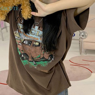 Gjcute เสื้อยืดลําลอง แขนสั้น คอกลม พิมพ์ลาย ทรงหลวม สไตล์เรโทร ฤดูร้อน สําหรับสตรี WTD