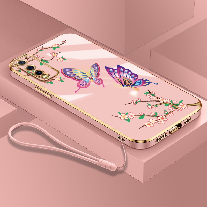 ปลอกสําหรับ Vivo V2026 V2027 V2029 V2032 V2038 V2042 V2043 ขอบตรงสีม่วง Retro แฟนตาซีผีเสื้อรูปแบบเคสโทรศัพท์ชุบ Soft TPU กรณีฝาครอบ