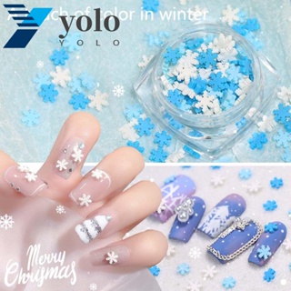 Yolo เกล็ดหิมะ 3D แบบนิ่ม สีฟ้า และสีขาว สไตล์เกาหลี สําหรับตกแต่งเล็บ DIY