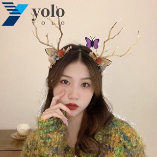 Yolo ที่คาดผม รูปกวาง ผีเสื้อ มีไฟ LED ขนาดใหญ่ สไตล์เกาหลี หรูหรา สําหรับตกแต่งปาร์ตี้คริสต์มาส