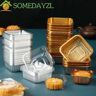 Somedayzl ถาดใส่ขนมไหว้พระจันทร์ สีทอง ใส PP กล่องบรรจุภัณฑ์ขนมไหว้พระจันทร์ สี่เหลี่ยม เกรดอาหาร ภาชนะพัฟ