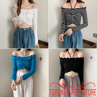 Topone- เสื้อครอปท็อปแขนยาว เปิดไหล่ ผ้าถัก ทรงสลิมฟิต สําหรับผู้หญิง