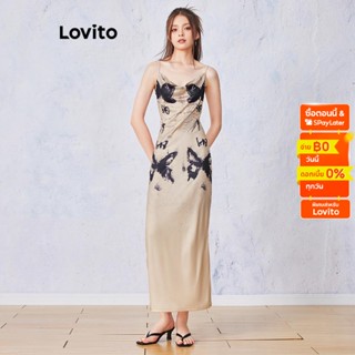 Lovito ชุดเดรส ลายผีเสื้อ สไตล์ลำลอง สำหรับผู้หญิง L55AD056 (สีกากี)