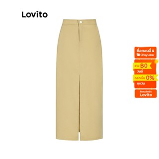 Lovito กระโปรง แต่งผ่านด้านหน้า กระดุมติด สีพื้น สไตล์ลำลอง สำหรับผู้หญิง L55AD090 (สีกากีอ่อน)