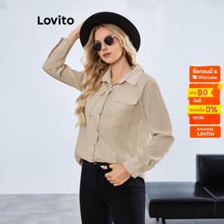 Lovito เสื้อเบลาส์ กระดุมหน้า มีกระเป๋า สีพื้น สไตล์ลำลอง สำหรับผู้หญิง LBE01018 (สีแอปริคอท)