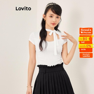 Lovito เสื้อยืดครอปแขนสั้น คอเหลี่ยม ผูกเชือก สไตล์ลำลอง สีพื้น สำหรับผู้หญิง L53AD080 (สีขาว)