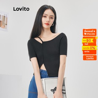 Lovito เสื้อยืดลำลอง สีพื้น ทรงอสมมาตร ทรงแยกเปิดไหล่  สำหรับสตรีL52AD031 (สีดำ)