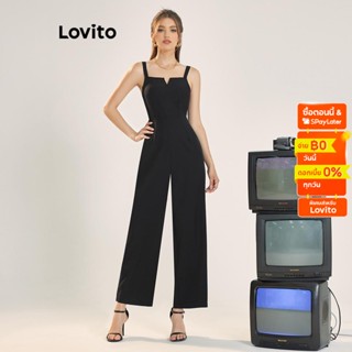 Lovito ชุดจั๊มสูทเอวสูง มีซิป สีพื้น หรูหรา สำหรับผู้หญิง L56ED145 (สีดำ)