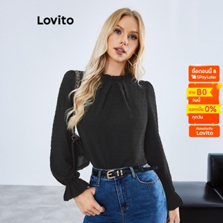 Lovito เสื้อเบลาส์ แขนพอง ขอบหยัก ผ้าแจ็กการ์ด สีพื้น สไตล์ลำลอง สำหรับผู้หญิง LBE01025 (สีดำ)