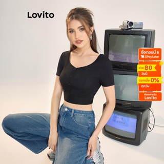 Lovito เสื้อยืดลำลอง สีพื้น กระดุมด้านหน้า ปักประดับ สำหรับผู้หญิง L56ED045 (สีดำ)