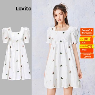 Lovito เดรสจับจีบ ปักลายดอกไม้ น่ารัก สำหรับผู้หญิง L55AD064 (สีออฟไวท์)