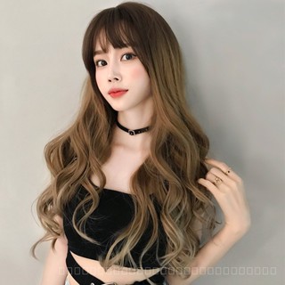 [0727]YWQJ-JF Cross-Border Hot Wig Female Long Hair Air Bangs round Face Female Full Top Full-Head Wig Khaki Gradient Long Curly Hair 0FVM