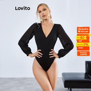 Lovito บอดี้สูท แต่งเย็บ มีสายผูก สีพื้น สไตล์ลำลอง สำหรับผู้หญิง LBE01051 (สีดำ)