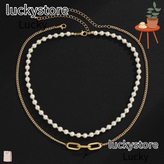 Lucky สร้อยคอโชคเกอร์ โซ่โลหะ สองชั้น ประดับไข่มุกเทียม ปรับได้ สไตล์เกาหลี เรโทร หรูหรา สําหรับผู้หญิง