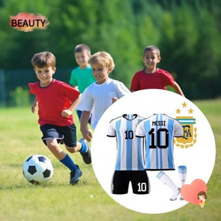 Beauty เสื้อกีฬาฟุตบอล ผ้าโพลีเอสเตอร์ ระบายอากาศ No.10 สําหรับเด็ก 3 ชิ้น