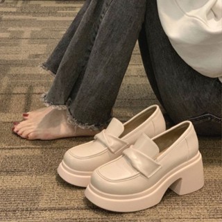 Hwshoes รองเท้าโลฟเฟอร์ แพลตฟอร์มมัฟฟิน ส้นกลาง สไตล์วินเทจ ฝรั่งเศส