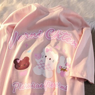 เสื้อยืดแขนสั้น พิมพ์ลายการ์ตูนคิตตี้น่ารัก ทรงหลวม สําหรับผู้หญิง และนักเรียน