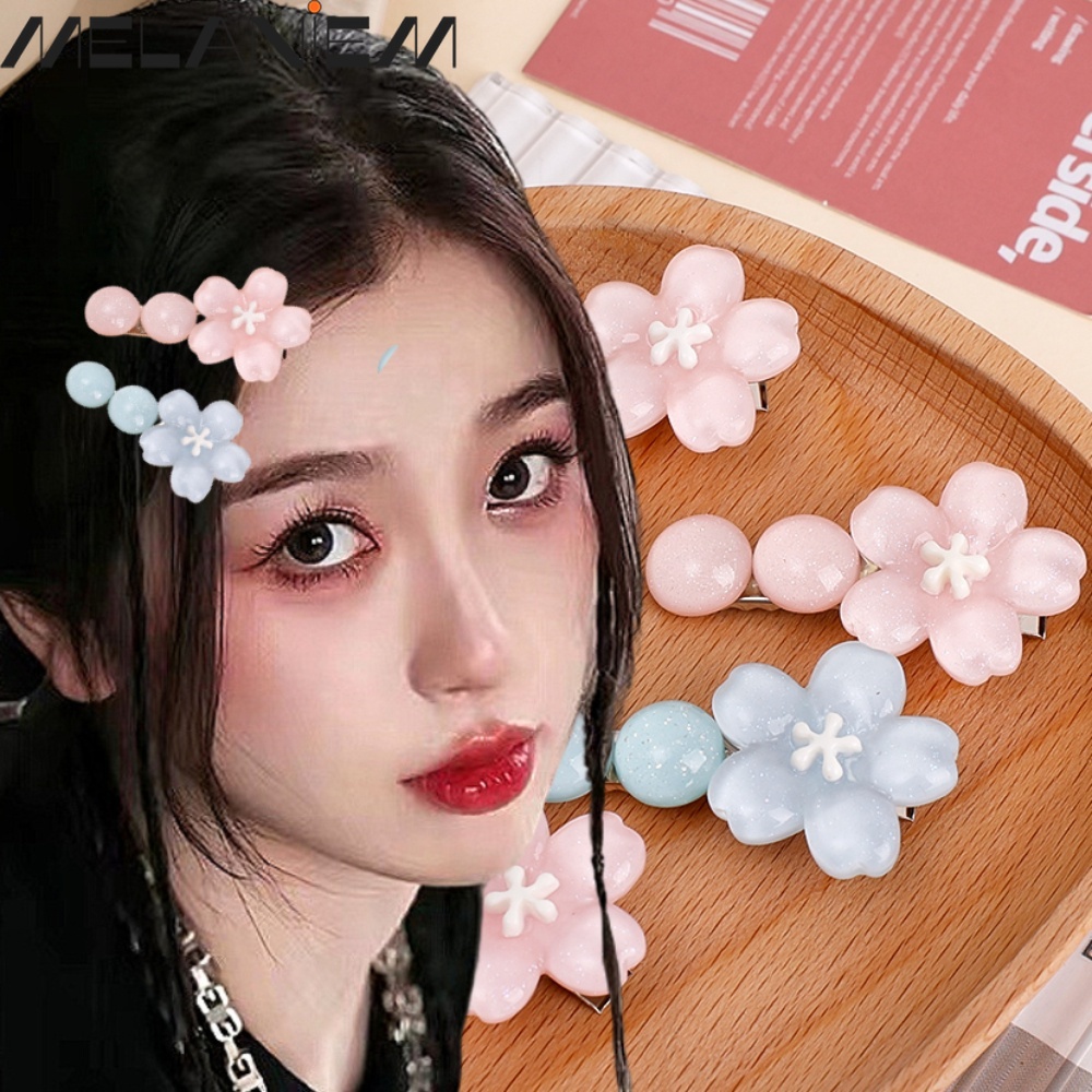 Y2k Sweet Pink Blue Cherry Blossom Duckbill Hairpins Women Girls Kawaii Side Bangs Clips Hair Accessories