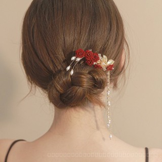 0818-YWSN Tassel Clip Headdress Hairpin Side Red Flower Hairpin Back Head Bridal Cheongsam Toast Suit Headdress TUZ1