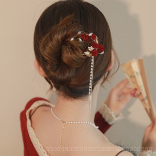 0818-YWSN Red Rose Tassel Hairpin High-Grade U-Shaped Hairpin Female Ancient Style Cheongsam Bride Toast Suit Headdress C02R