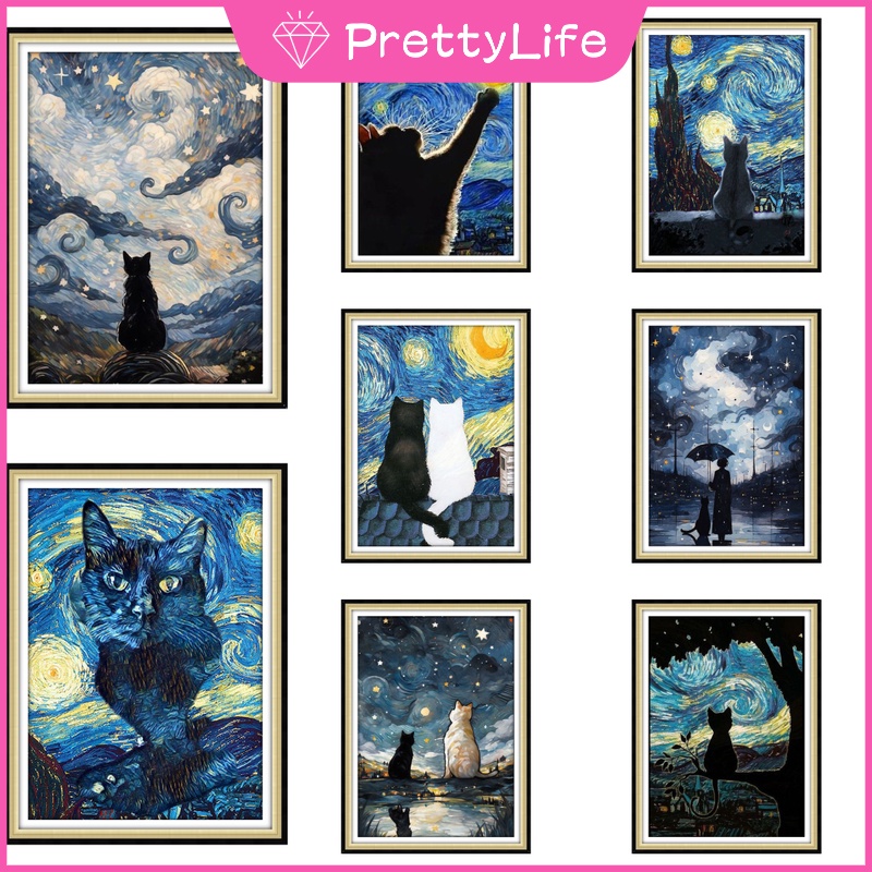 【PL】ภาพวาดปักเพชร รูปแมว Van Gogh Starry Sky ขนาด 30X40 ซม. สําหรับตกแต่งบ้าน ห้องนอน Diy