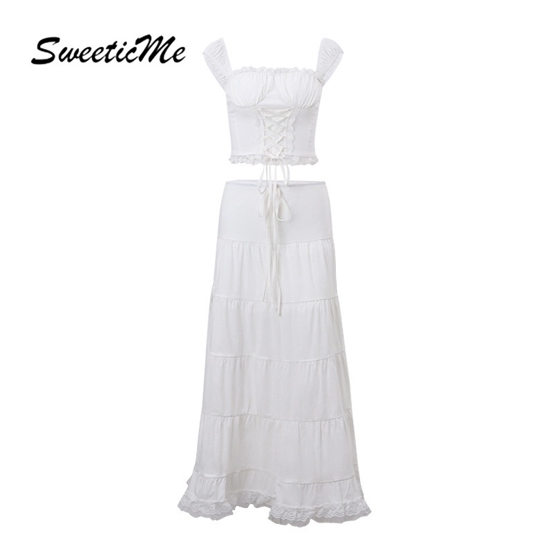 SweeticMe แฟชั่นผู้หญิงแฟชั่นใหม่สีทึบภาษาฝรั่งเศสคําสแควร์คอแขนกุด Lacing Vacation ชุดกระโปรงยาว