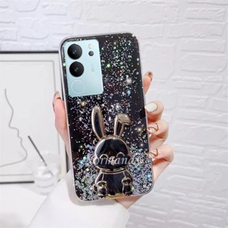 พร้อมส่ง เคสโทรศัพท์มือถือ ซิลิโคนนิ่ม TPU ใส กันกระแทก ลายกระต่ายน่ารัก พร้อมขาตั้ง และก้านดึง สําหรับ VIVO V29 Y78 Y27 5G 4G 2023 V29 5G