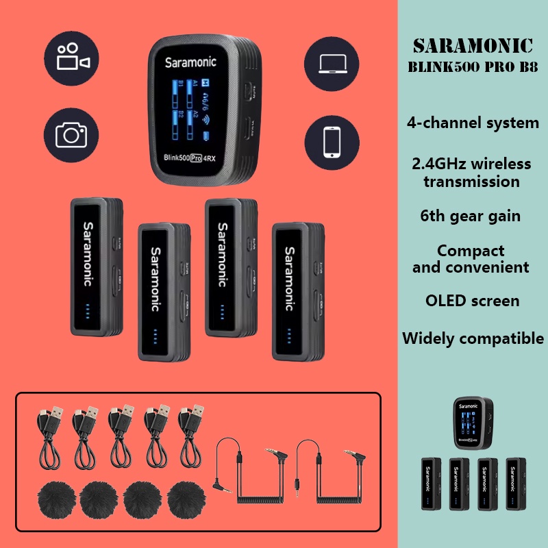 Saramonic Blink 500 Pro B8 ไมโครโฟนไร้สาย 4 คน สําหรับกล้อง PC สมาร์ทโฟน