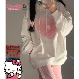 SANRIO เสื้อแจ็กเก็ตกันหนาว มีฮู้ด ทรงหลวม พิมพ์ลาย Hello Kitty สีขาว สีชมพู สไตล์ญี่ปุ่น เหมาะกับฤดูใบไม้ร่วง และฤดูหนาว สําหรับผู้หญิง [GM]