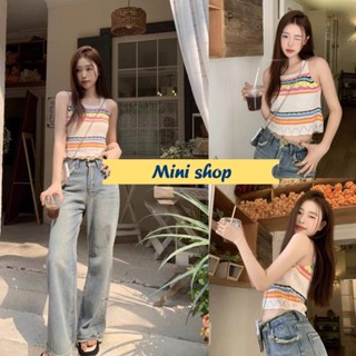 Mini shop🌸พร้อมส่ง🌸 (94177) เสื้อกล้ามถัก ผ้าไหมพรมลายทางสีๆ -C