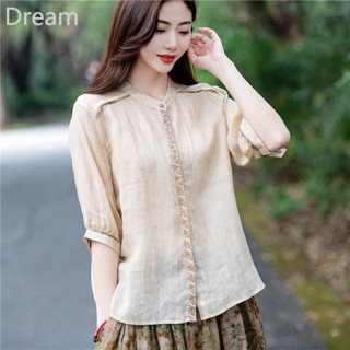 High-end cotton and linen shirt Womens retro artistic stand collar embroidered shirt temperament shirt