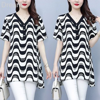 Mid-length womens chiffon shirt belly-covering loose mom short-sleeved shirt slimming meat-hiding large size